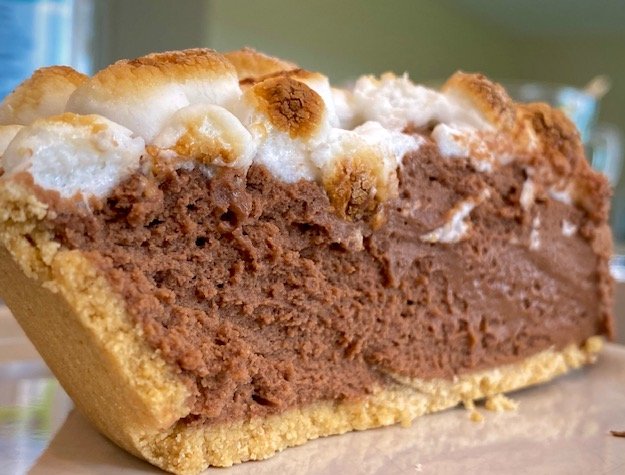 Chocolately S'mores Pie served up on a plate