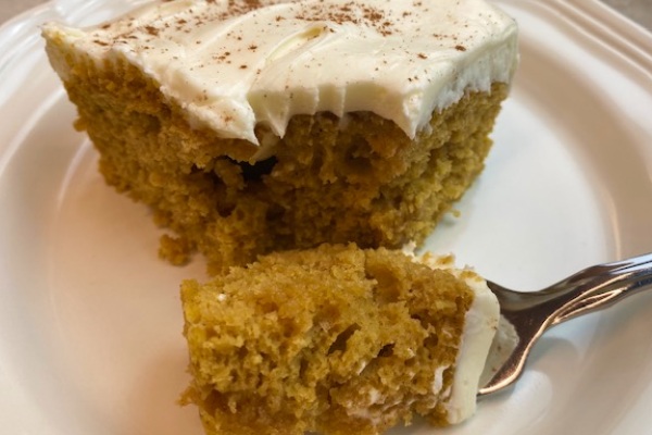 piecc of pumpkin caramel poke cake