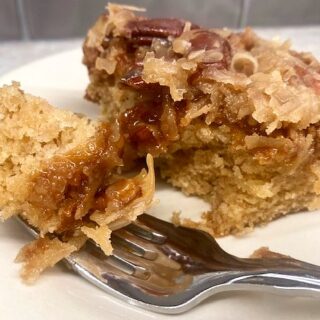 rhubarb cake with coconut pecan topping