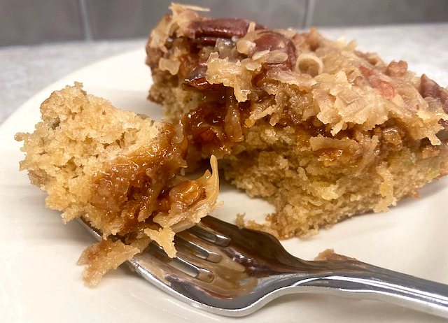 rhubarb cake with coconut pecan topping