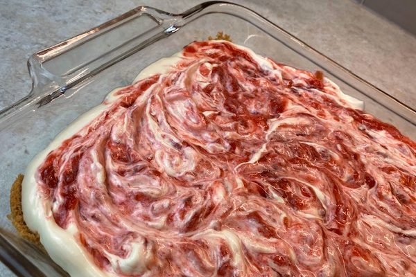 swirled together pudding and rhubarb