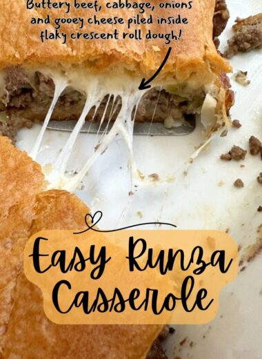 yummy runza casserole showing gooey cheese pull