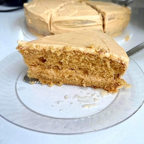 slice of butterscotch cake on a plate