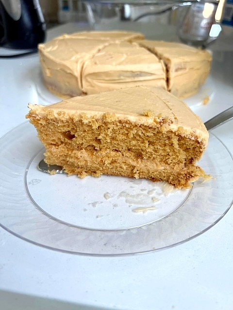 slice of butterscotch cake on a plate