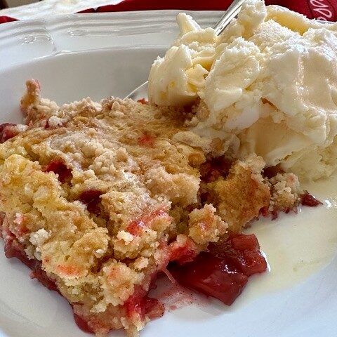 rhubarb dump cake with ice cream