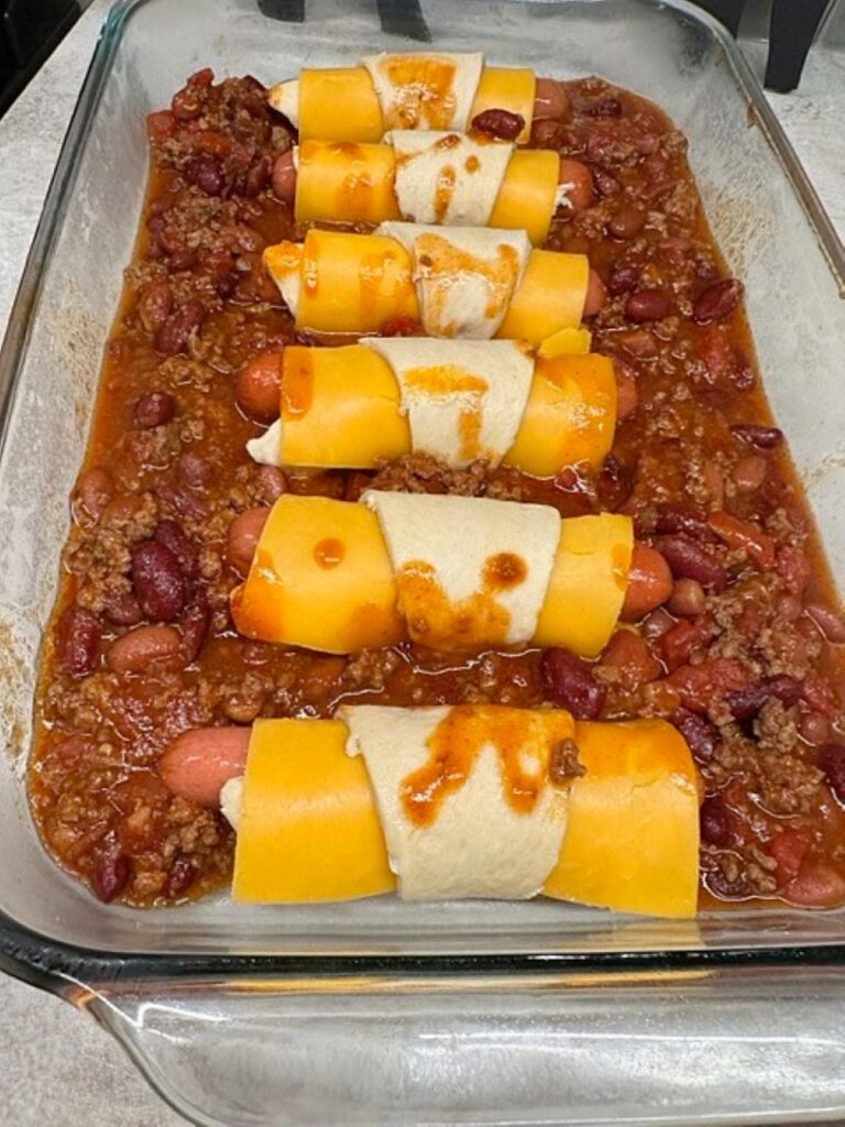 chili cheese dog casserole ready for the oven