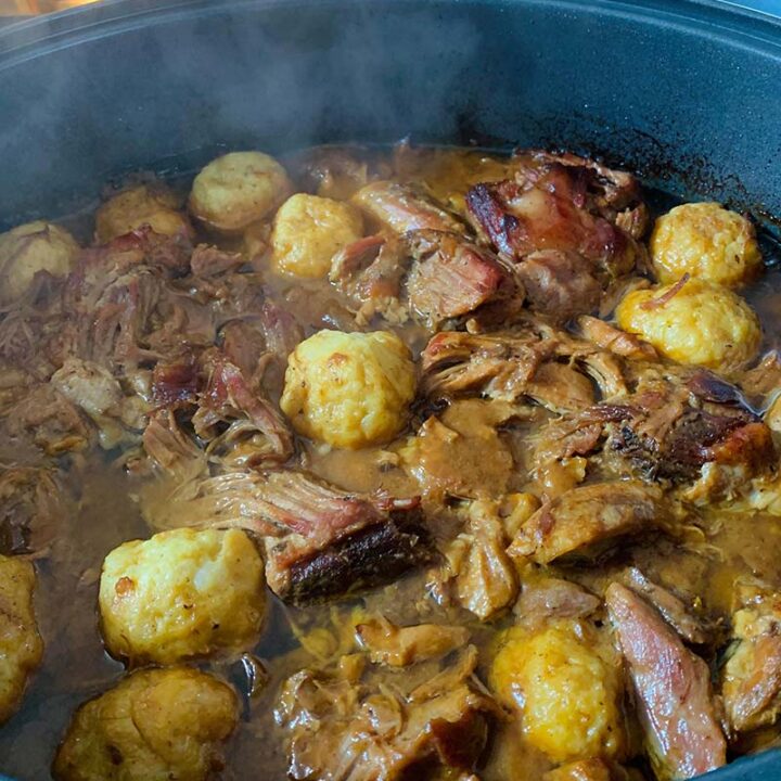 Beef Roast With German Potatoes and Apple Onion Sauerkraut