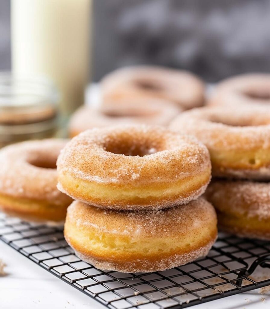 A close-up photo of a plate of donuts on a cooling rack, with a bottle of milk in the background.
