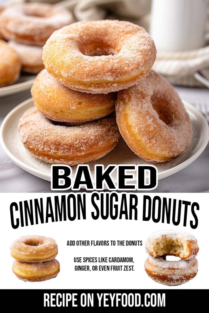 An image of 4 donuts on a white plate, with the words, baked cinnamon sugar donuts in the middle of the image.