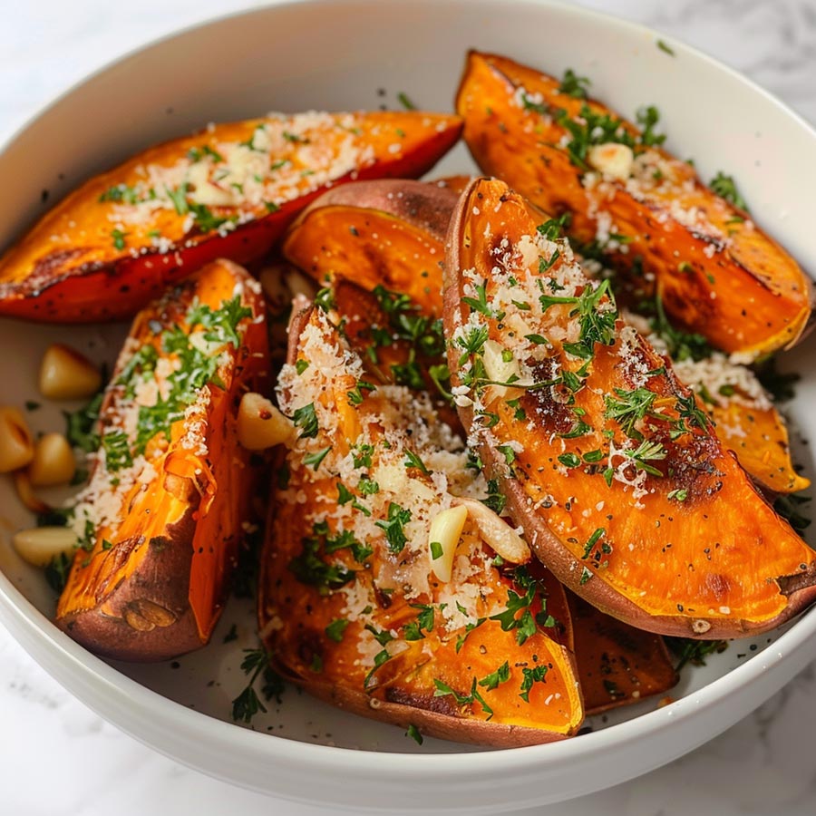 Garlic & Parmesan Roasted Sweet Potatoes - Yeyfood.com: Recipes ...