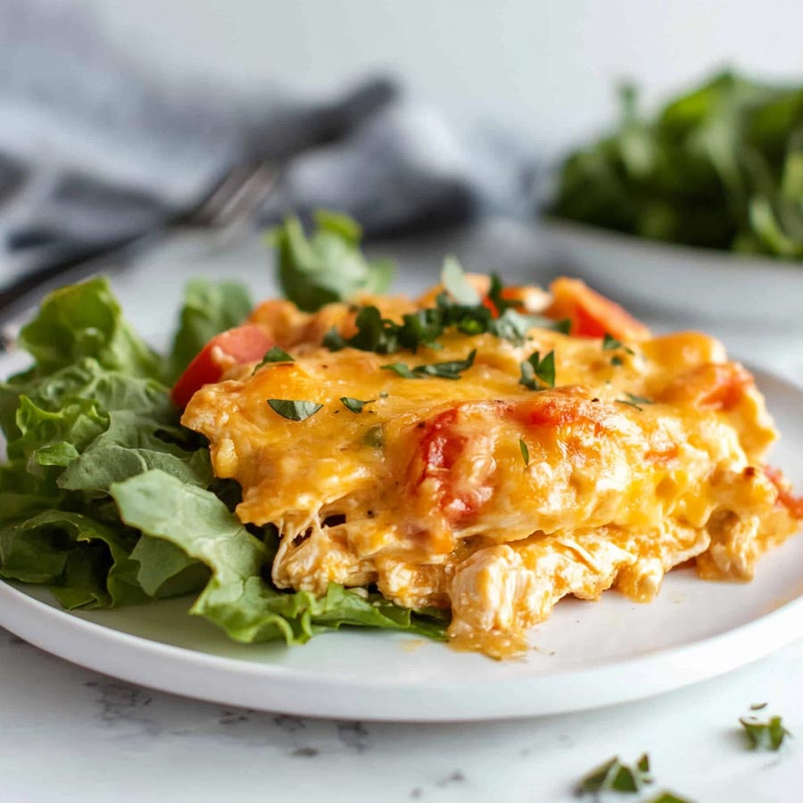 A delicious and comforting dish featuring layers of chicken, cheese, corn tortillas, and a creamy sauce. Topped with fresh tomatoes and cilantro for a vibrant touch.