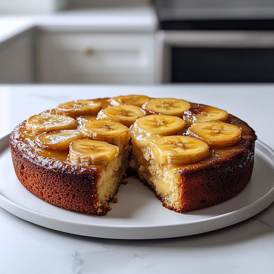 Upside Down Banana Cake on a white plate.
