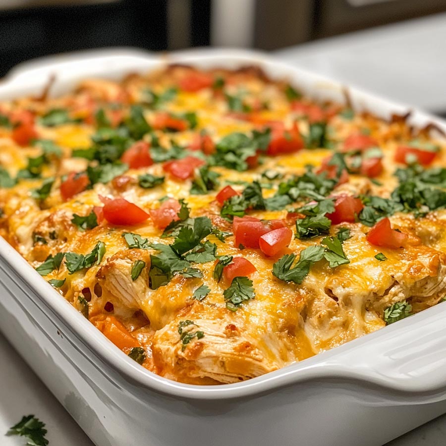 A delicious and comforting dish featuring layers of chicken, cheese, corn tortillas, and a creamy sauce. Topped with fresh tomatoes and cilantro for a vibrant touch.