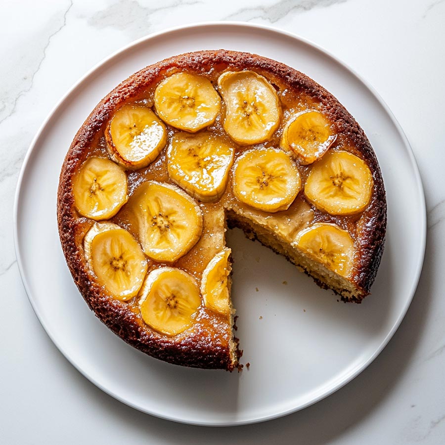 Upside Down Banana Cake, top view on a white plate.