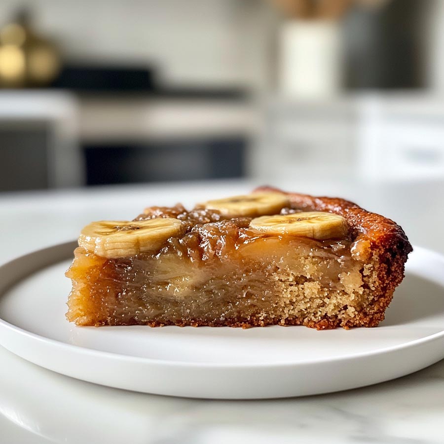 side view of Upside Down Banana Cake on a white plate