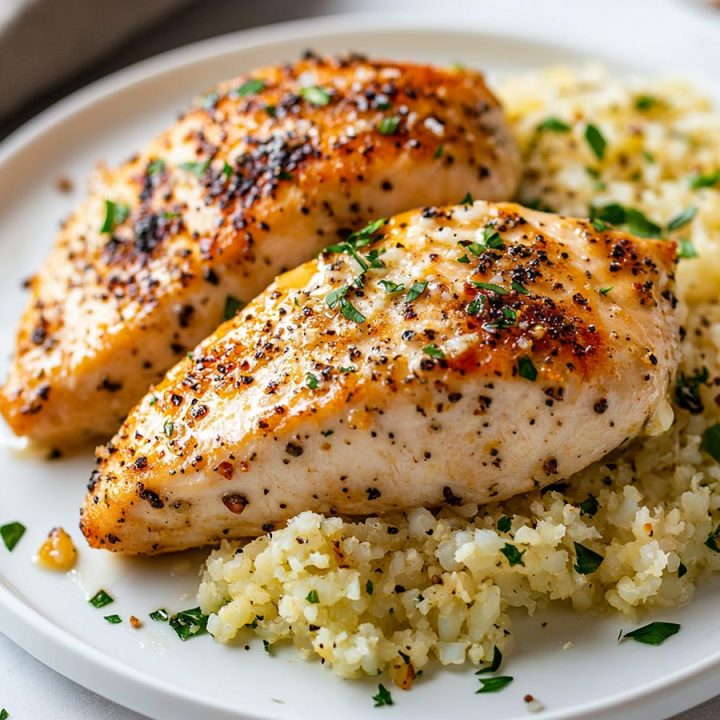 15 Minute Garlic Butter Chicken with Parmesan Cauliflower Rice