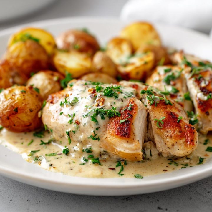 Creamy Garlic Chicken with Roasted Baby Potatoes