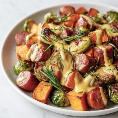 Fall Kielbasa Sheet Pan Bake With Creamy Curry Dijon Sauce