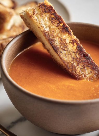 Pumpkin Tomato Soup with Grilled Cheese Sticks