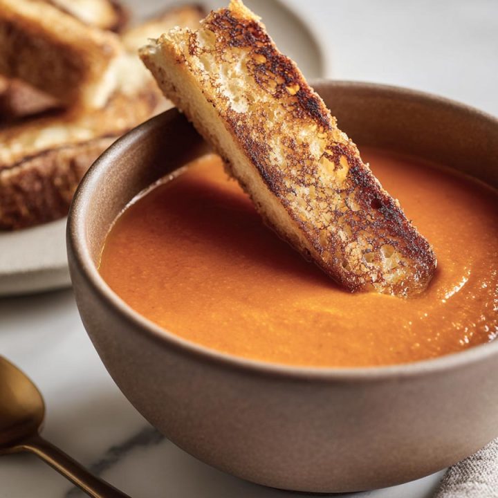 Pumpkin Tomato Soup with Grilled Cheese Sticks
