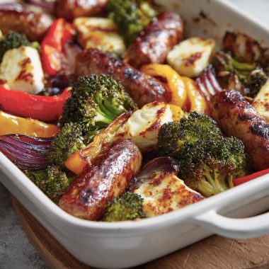 Sticky Sausage and Halloumi Traybake