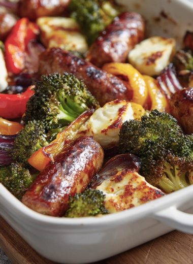 Sticky Sausage and Halloumi Traybake