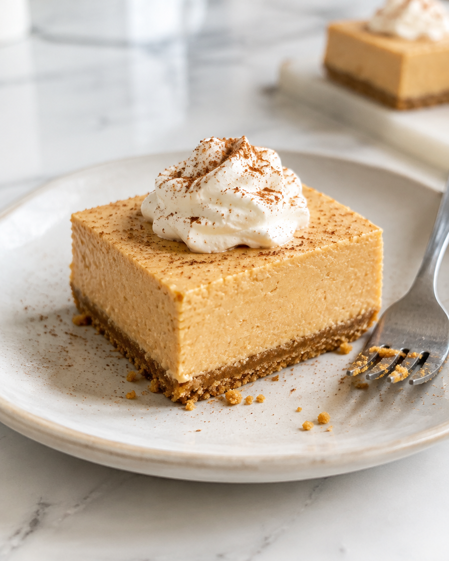 No-bake pumpkin cheesecake bar with whipped cream and cinnamon on a graham cracker crust