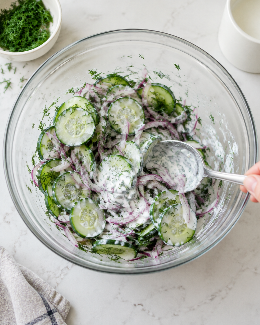 Cucumber, red onion, and dill being mixed with creamy dressing