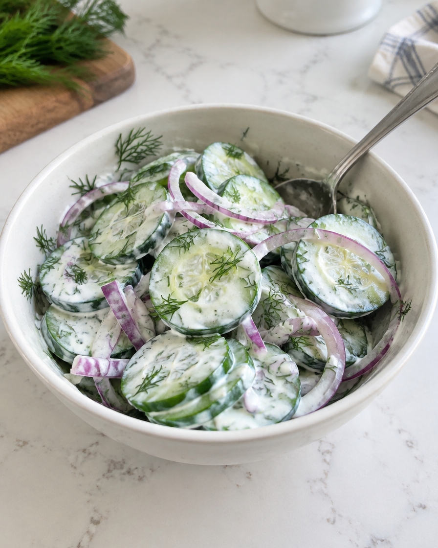 Creamy cucumber salad with red onion and fresh dill