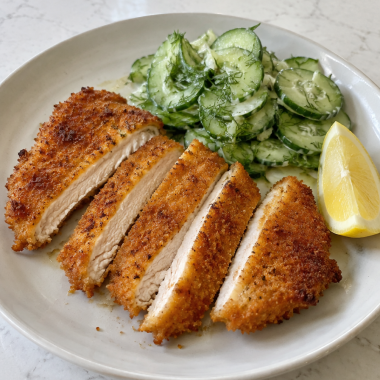 Chicken schnitzel with creamy cucumber salad and lemon
