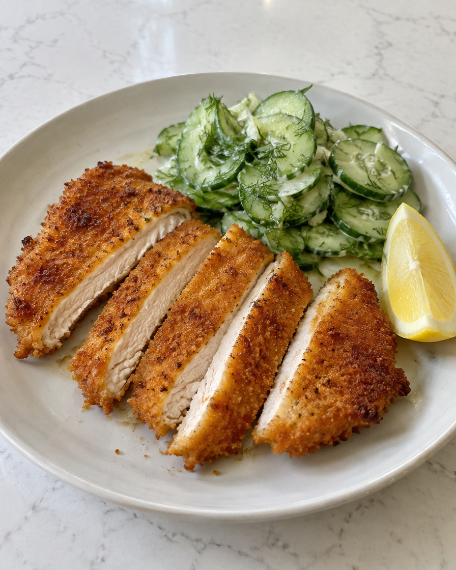 Sliced chicken schnitzel with creamy cucumber salad and a lemon wedge