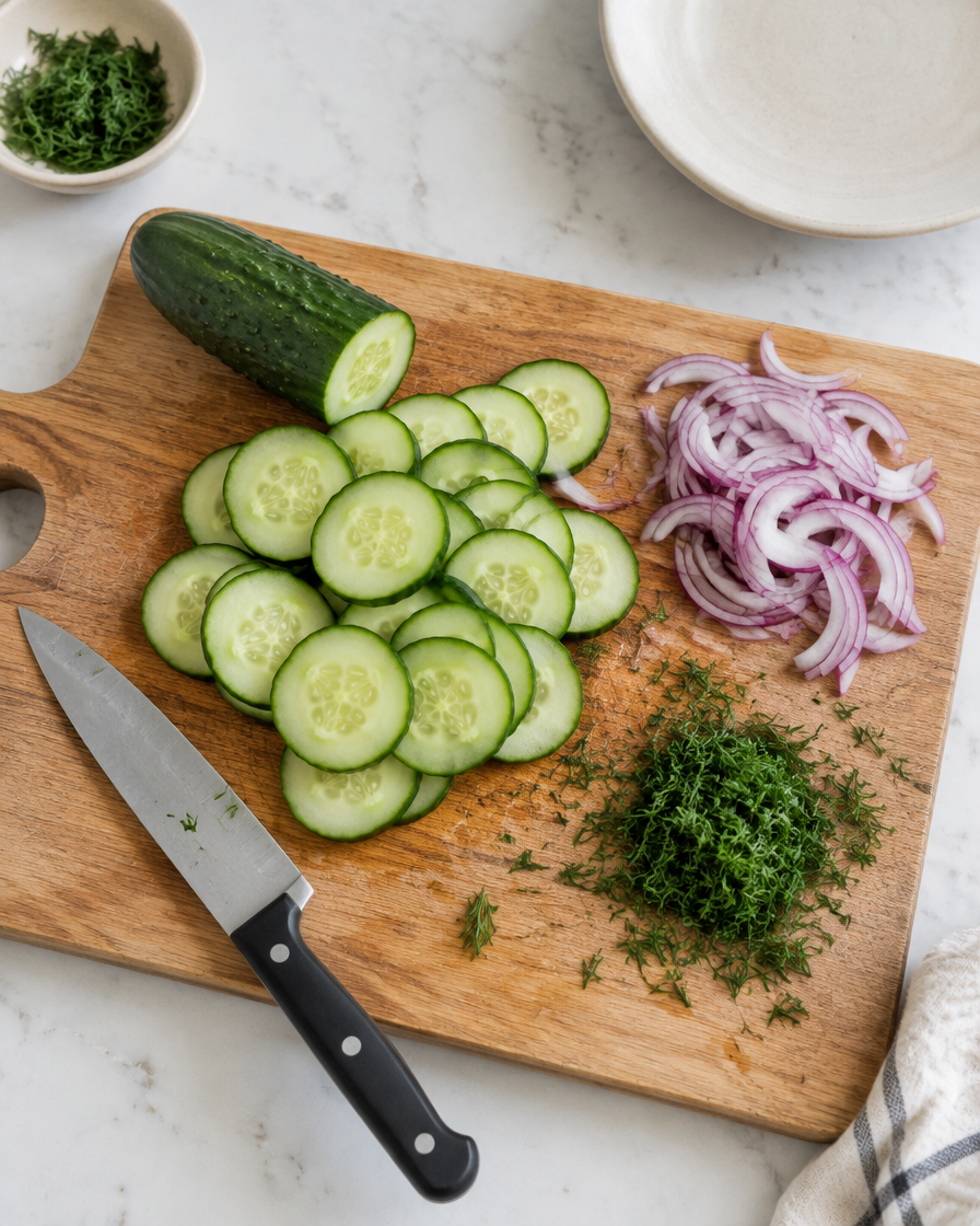 Sliced cucumber, red onion, and chopped dill on a cutting board