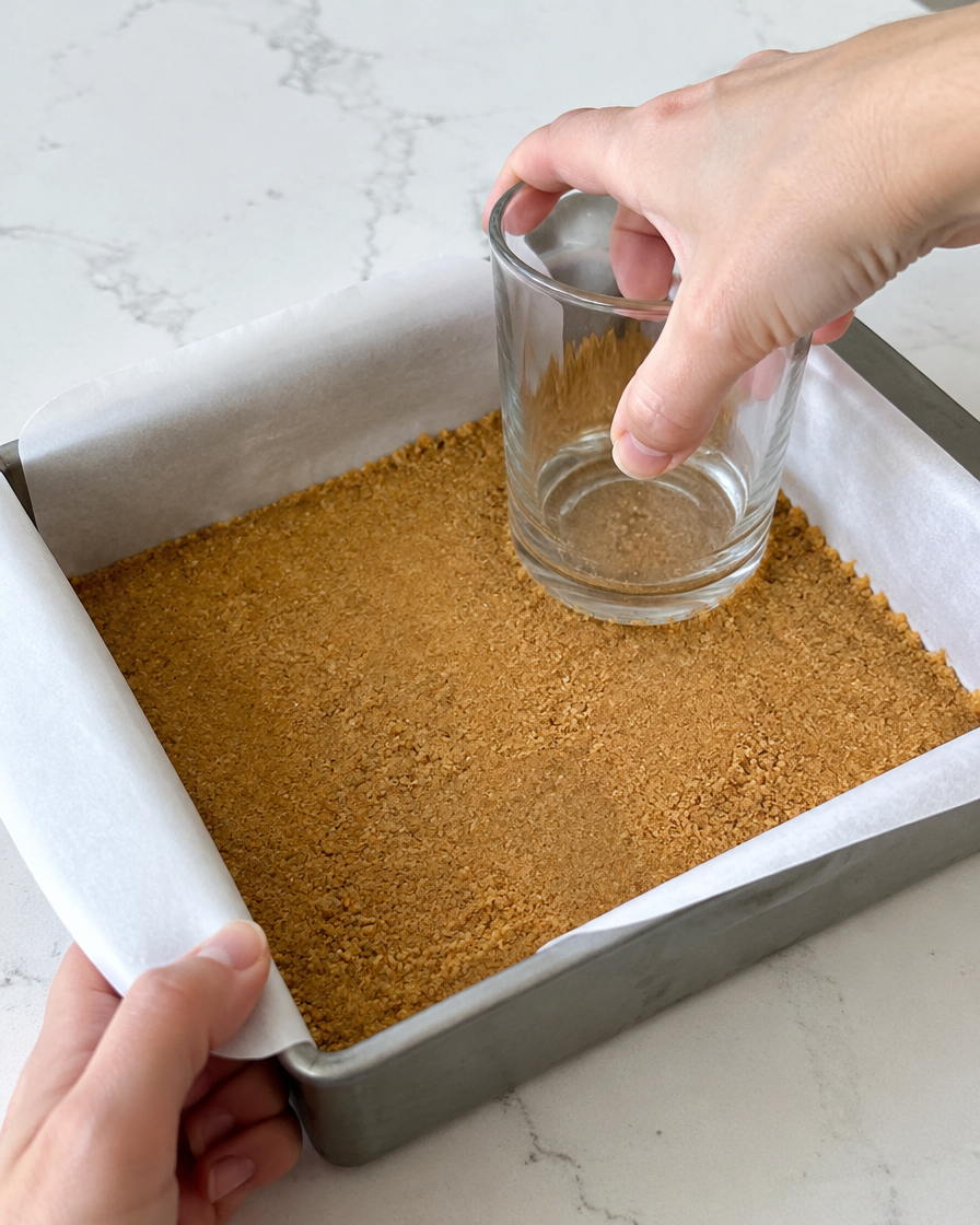 Pressing graham cracker crumbs into a parchment-lined square pan