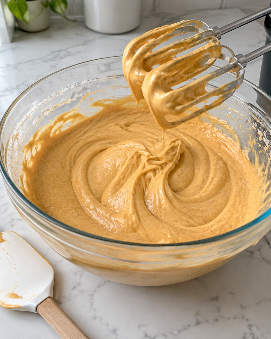Mixing the pumpkin and cream cheese filling with a hand mixer