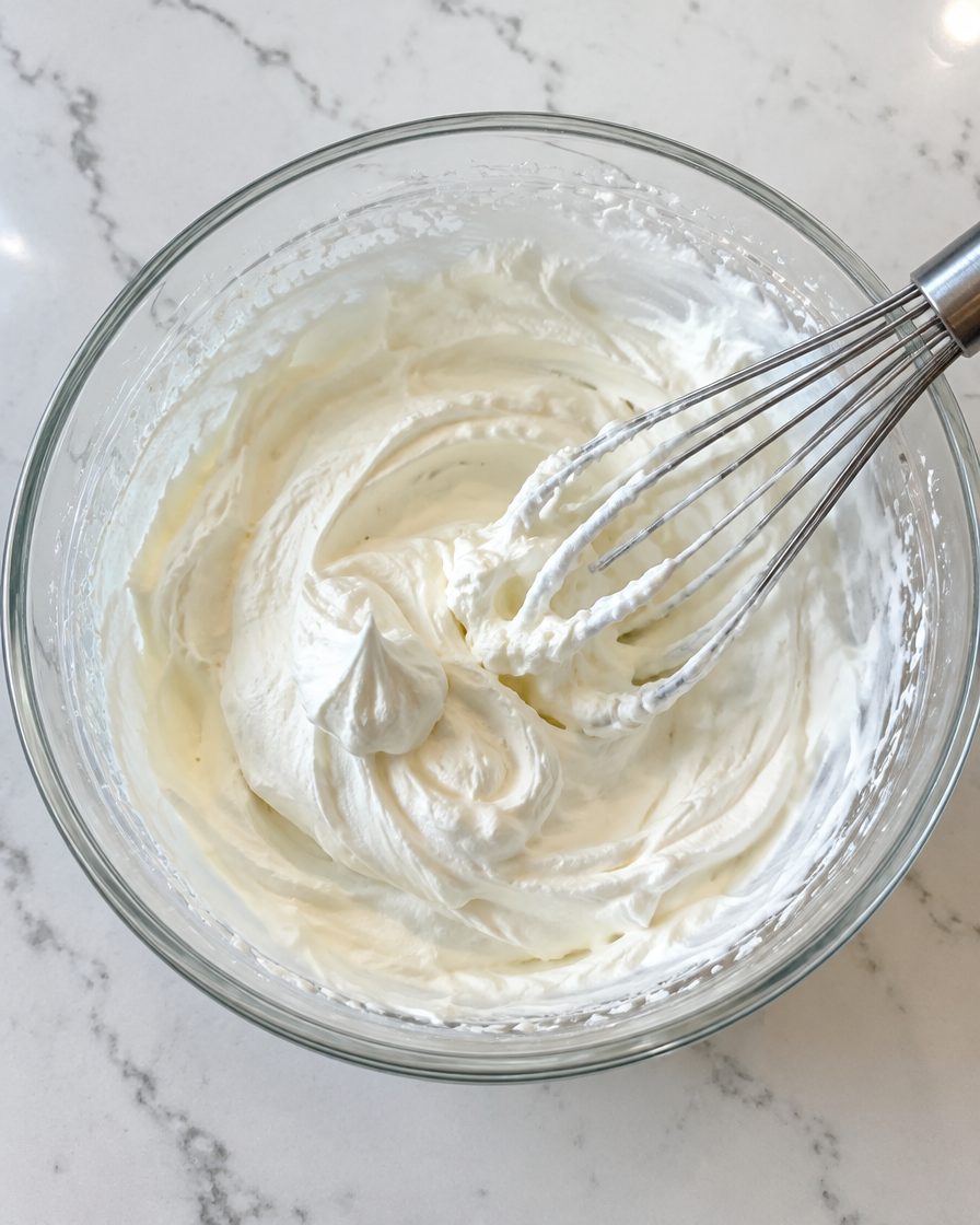 Heavy cream whipped to stiff peaks in a glass bowl