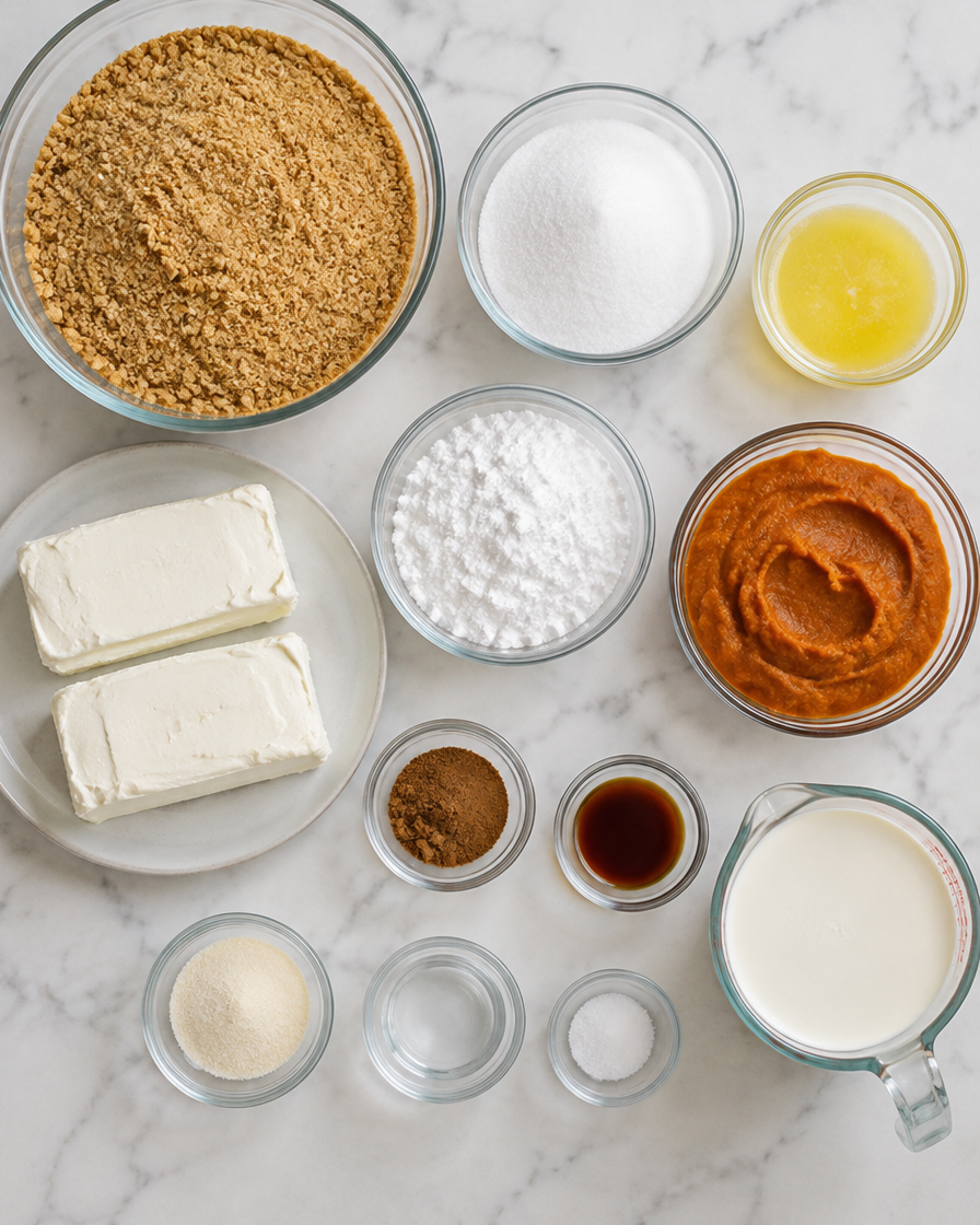 Ingredients for no-bake pumpkin cheesecake bars arranged on a counter