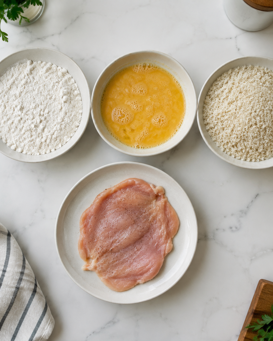 Chicken cutlet beside bowls of flour, beaten egg, and panko