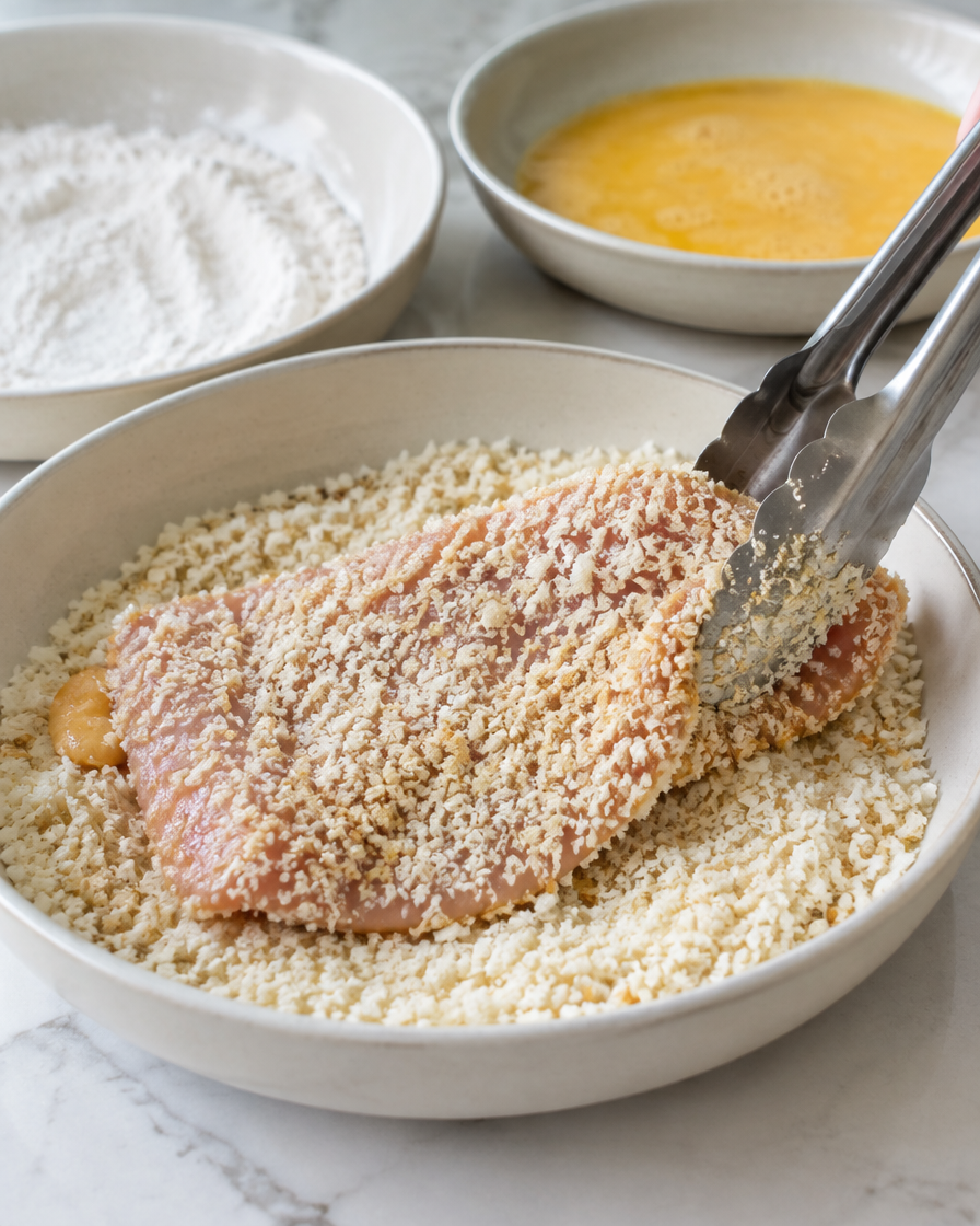 Chicken cutlet being coated in panko breadcrumbs