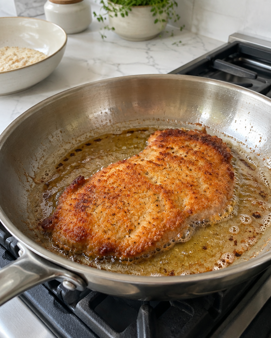 Breaded chicken cutlet frying in a skillet