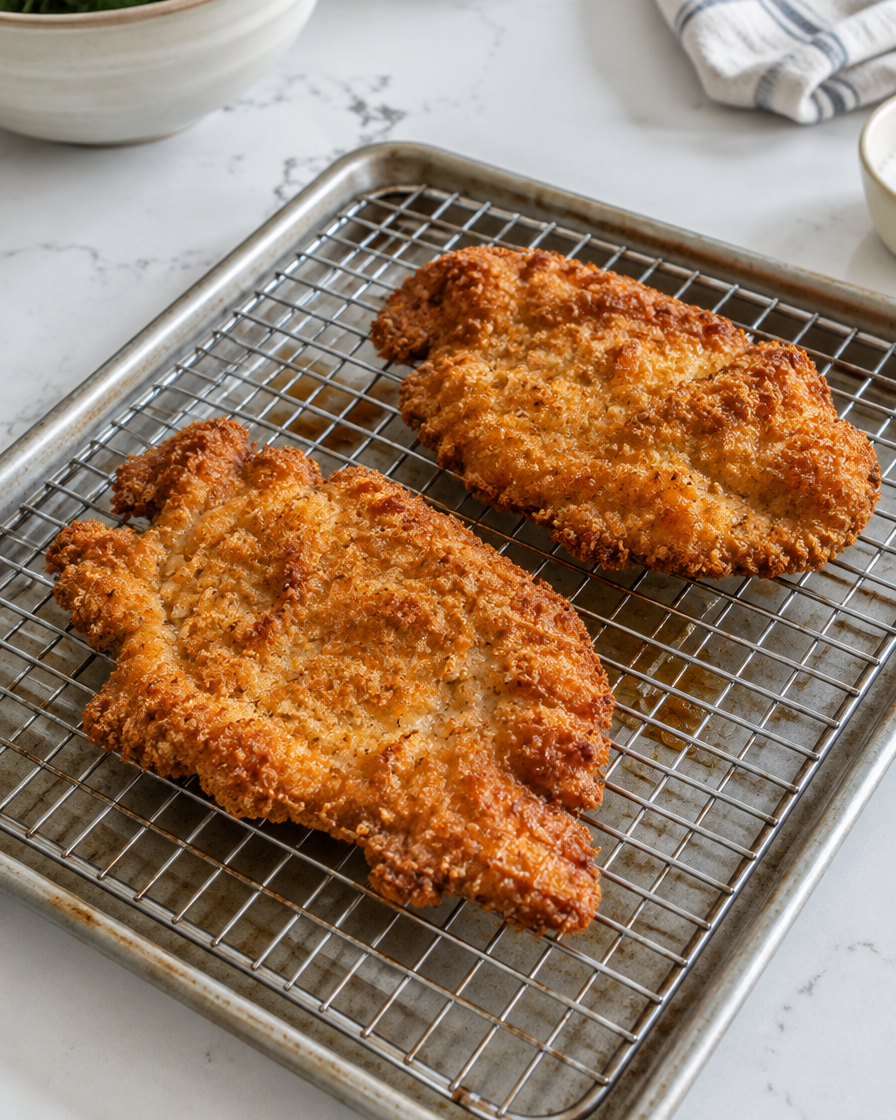 Golden chicken schnitzel draining on a wire rack
